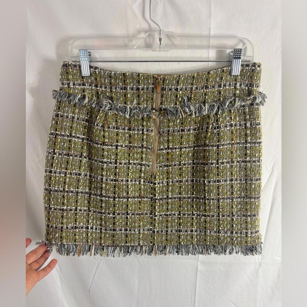 NWT Walter Baker Chartreuse Green Preppy Tweed Fringe Mini Skirt Women’s Size 6 - Picture 2 of 11